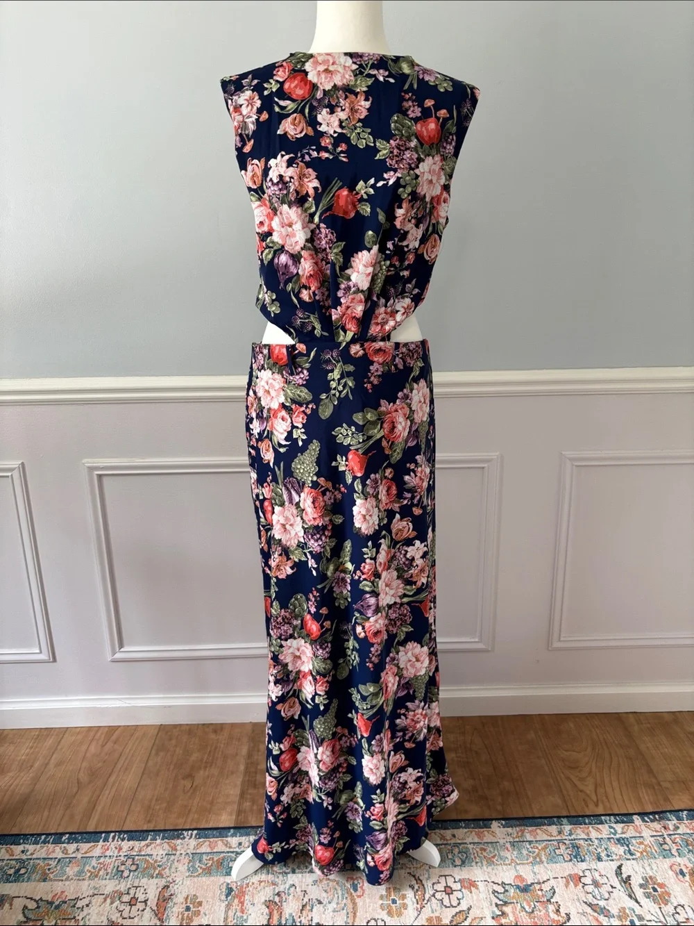 Abercrombie & Fitch Floral Fruits Cutout Maxi Dress Navy Cap Sleeve Size Medium